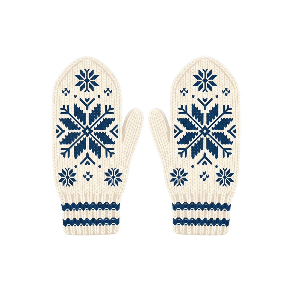 Pair of white knitted mittens featuring intricate blue snowflake embroidery designs
