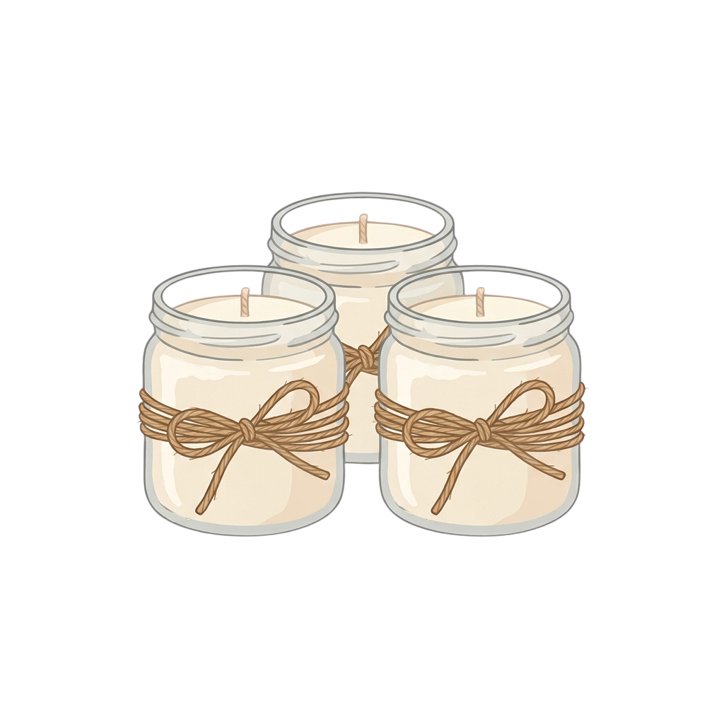 Three white mason jar candles tied with twine bows on a dark background