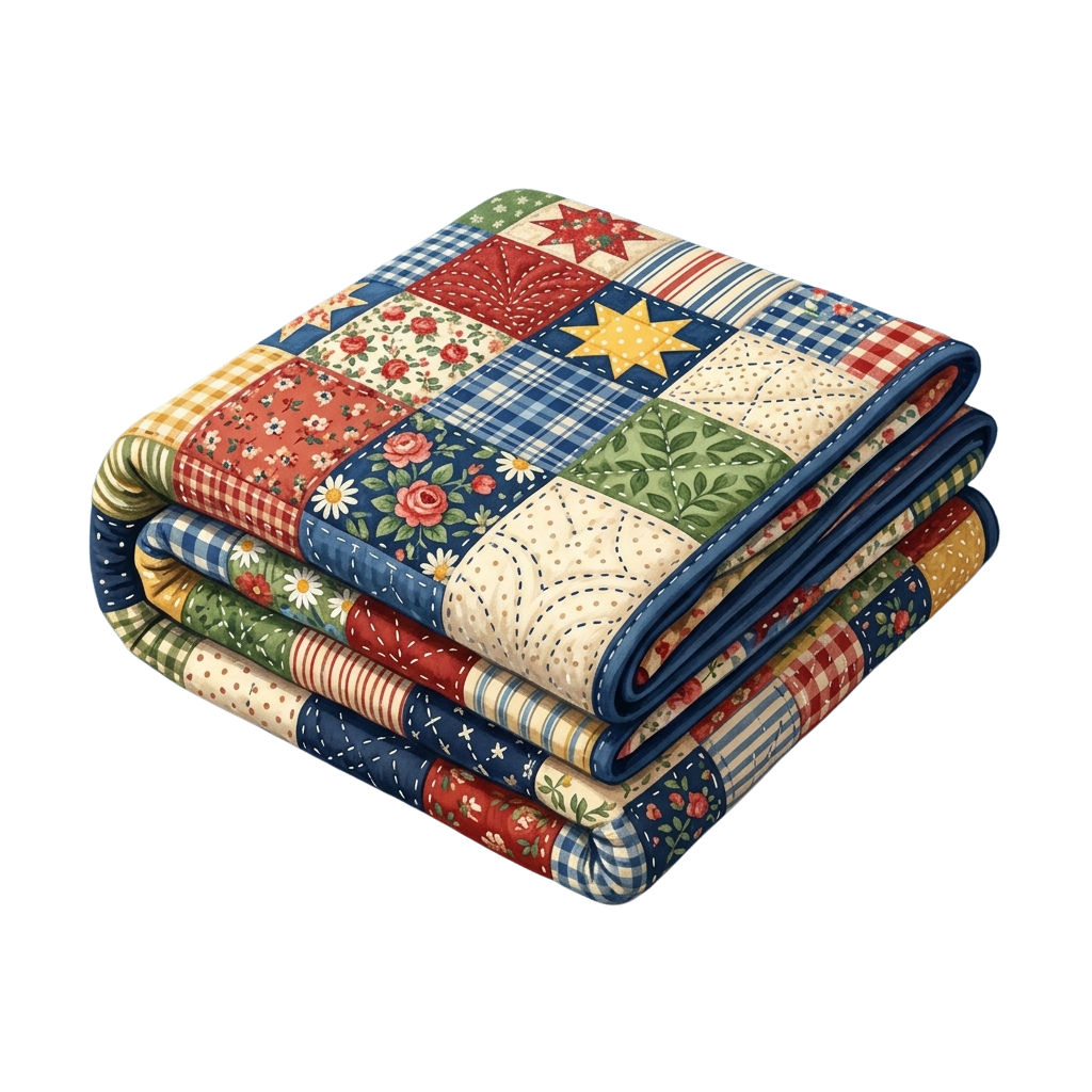 Stack of three folded patchwork blankets with floral, star, and plaid patterns in blue, red, green, and white