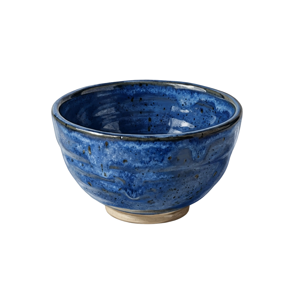 A blue ceramic bowl with speckled glaze and a light-colored base on a black background