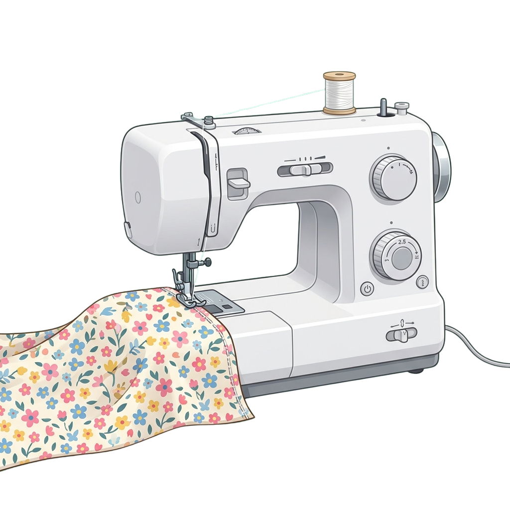 A white sewing machine stitching colorful floral-patterned fabric