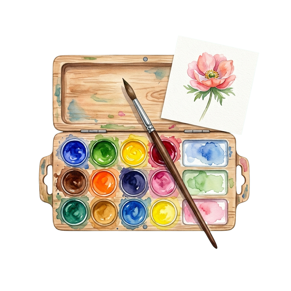 Watercolor paint set with twelve pans of paint, a brush, and a watercolor painting of a pink flower on white paper