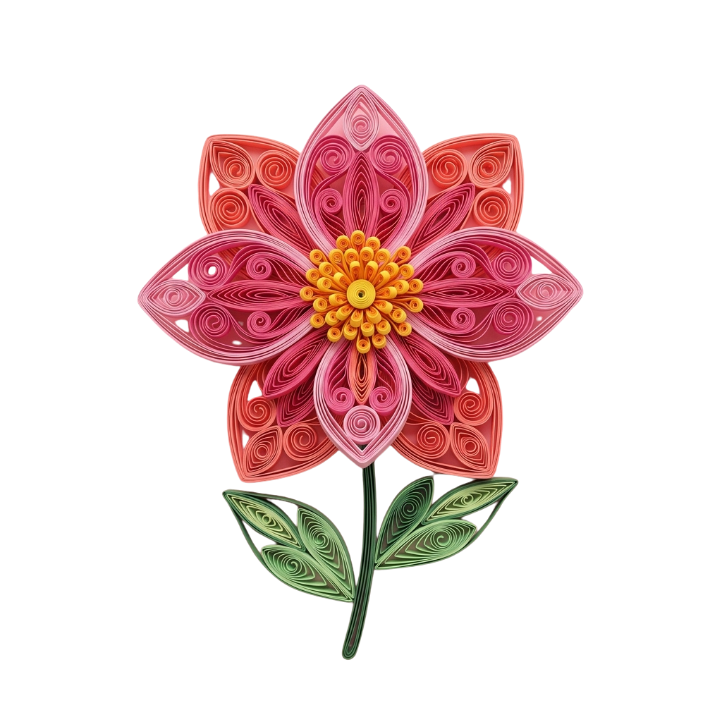 Intricate quilled paper flower with pink petals, yellow center, and green leaves on black background