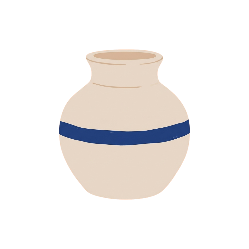 A simple ceramic vase with a light beige body and a single blue horizontal band near the middle