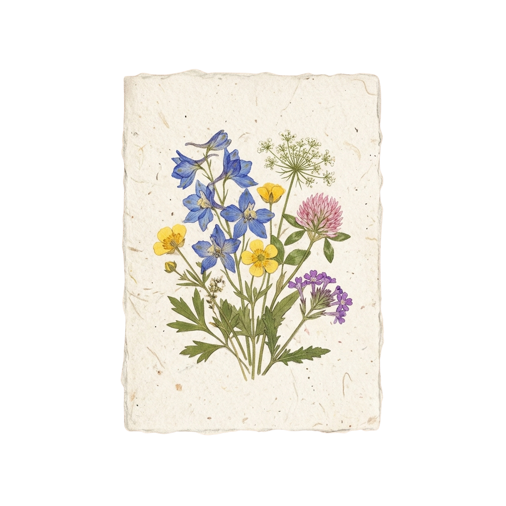 A pressed flower arrangement featuring blue, yellow, pink, and purple flowers on textured paper.
