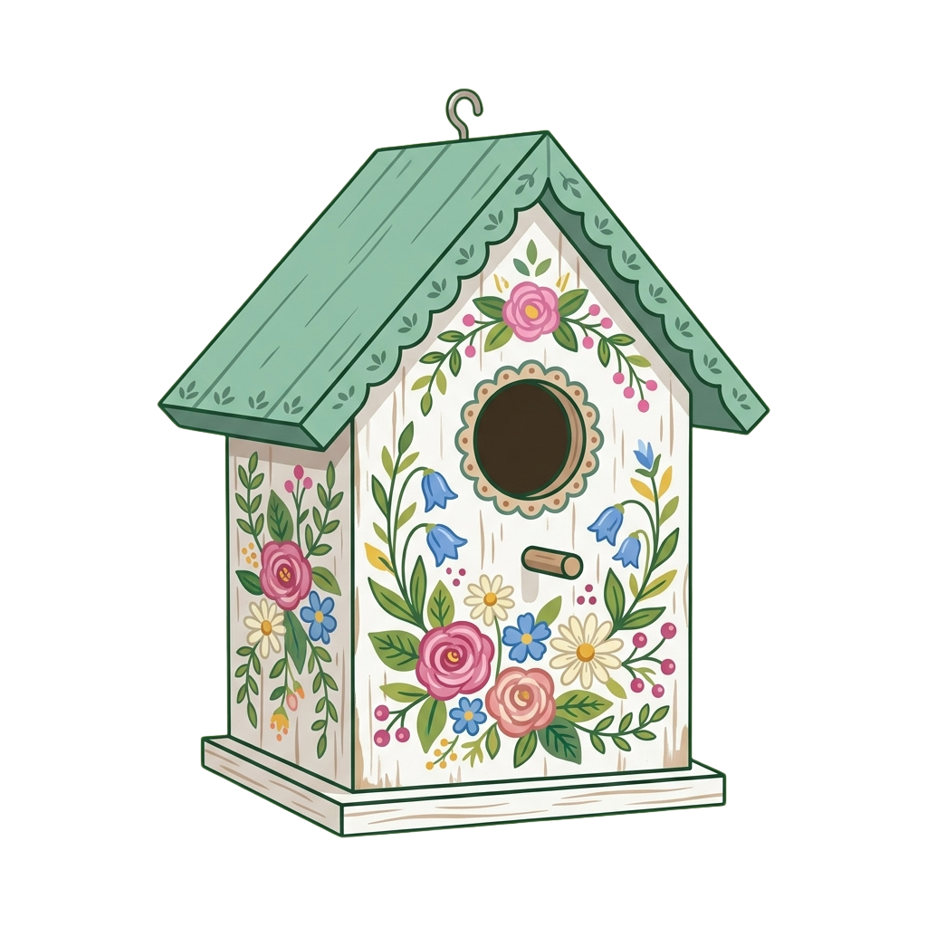 Illustration of a white birdhouse with colorful floral patterns and a green roof