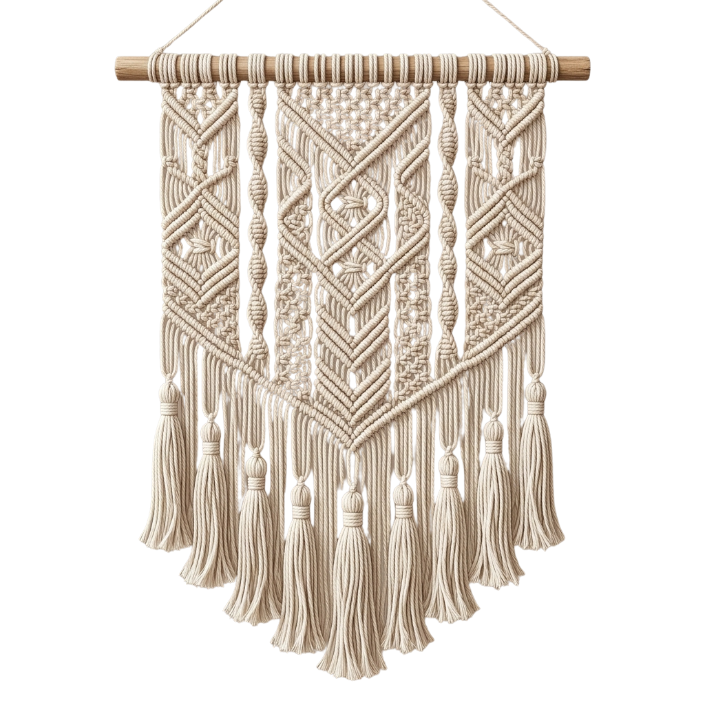 A cream-colored macrame wall hanging with intricate patterns and hanging tassels on a wooden dowel rod