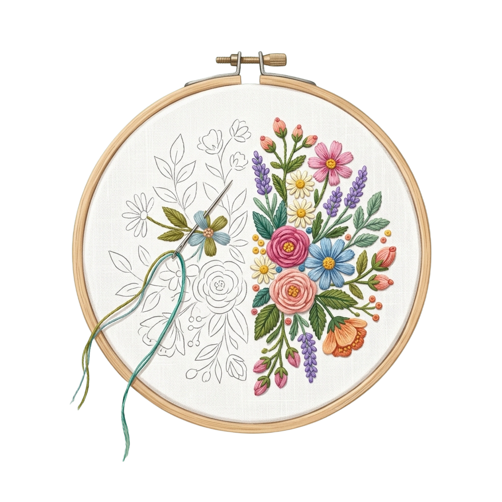 Embroidery hoop with colorful floral design and a needle with green thread.