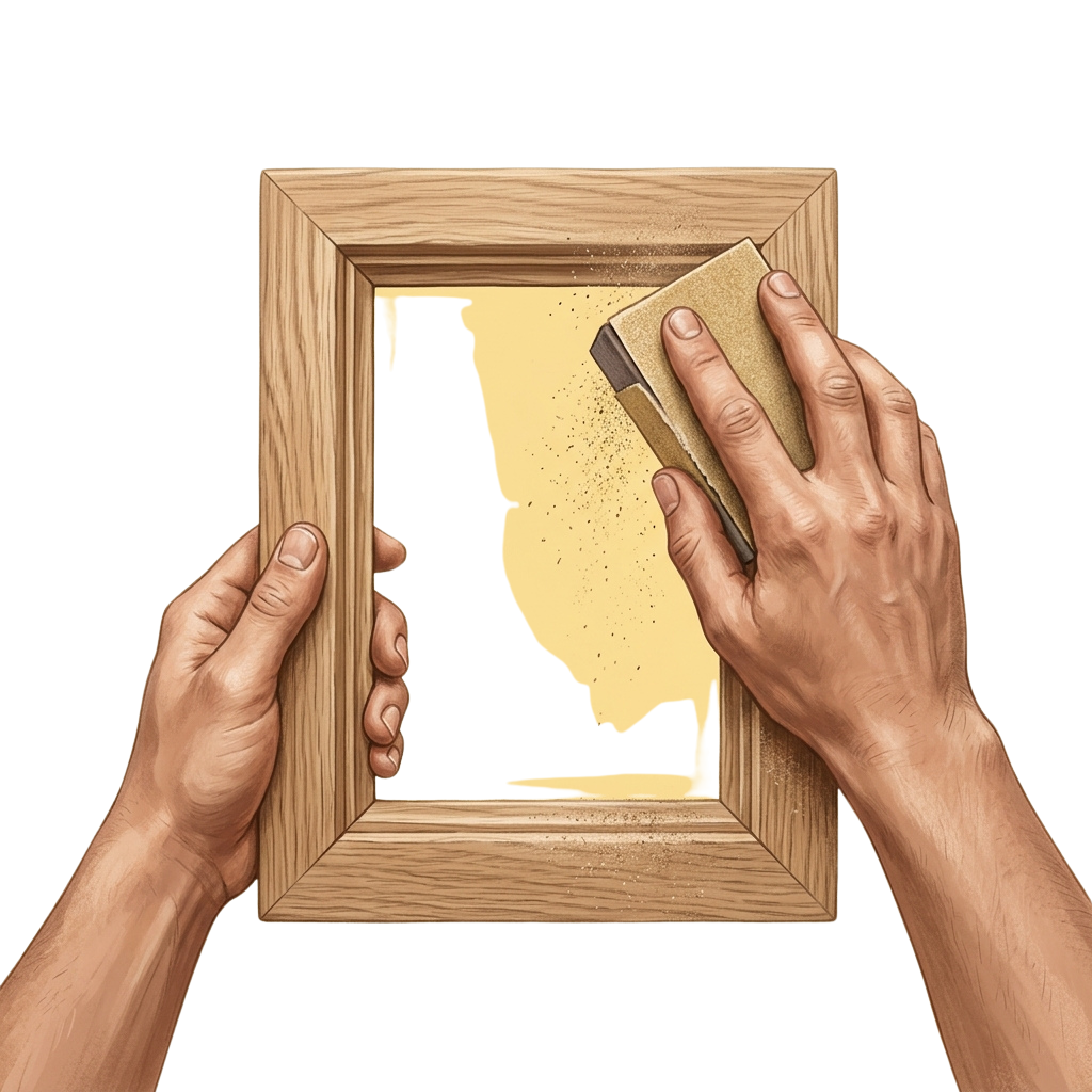 Two hands holding a wooden frame with a yellow map-shaped image being cleaned with a cloth.
