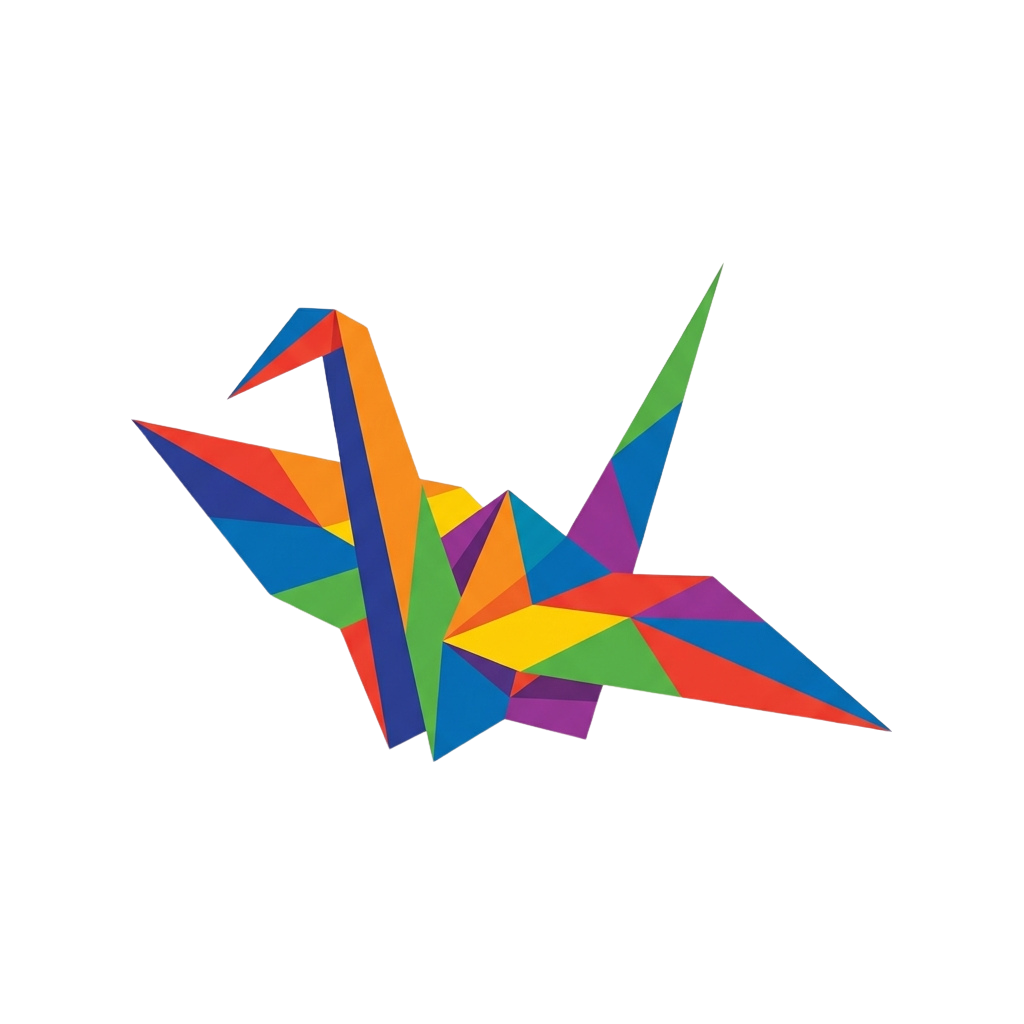 A vibrant origami paper crane made of multicolored triangular sections against a black background