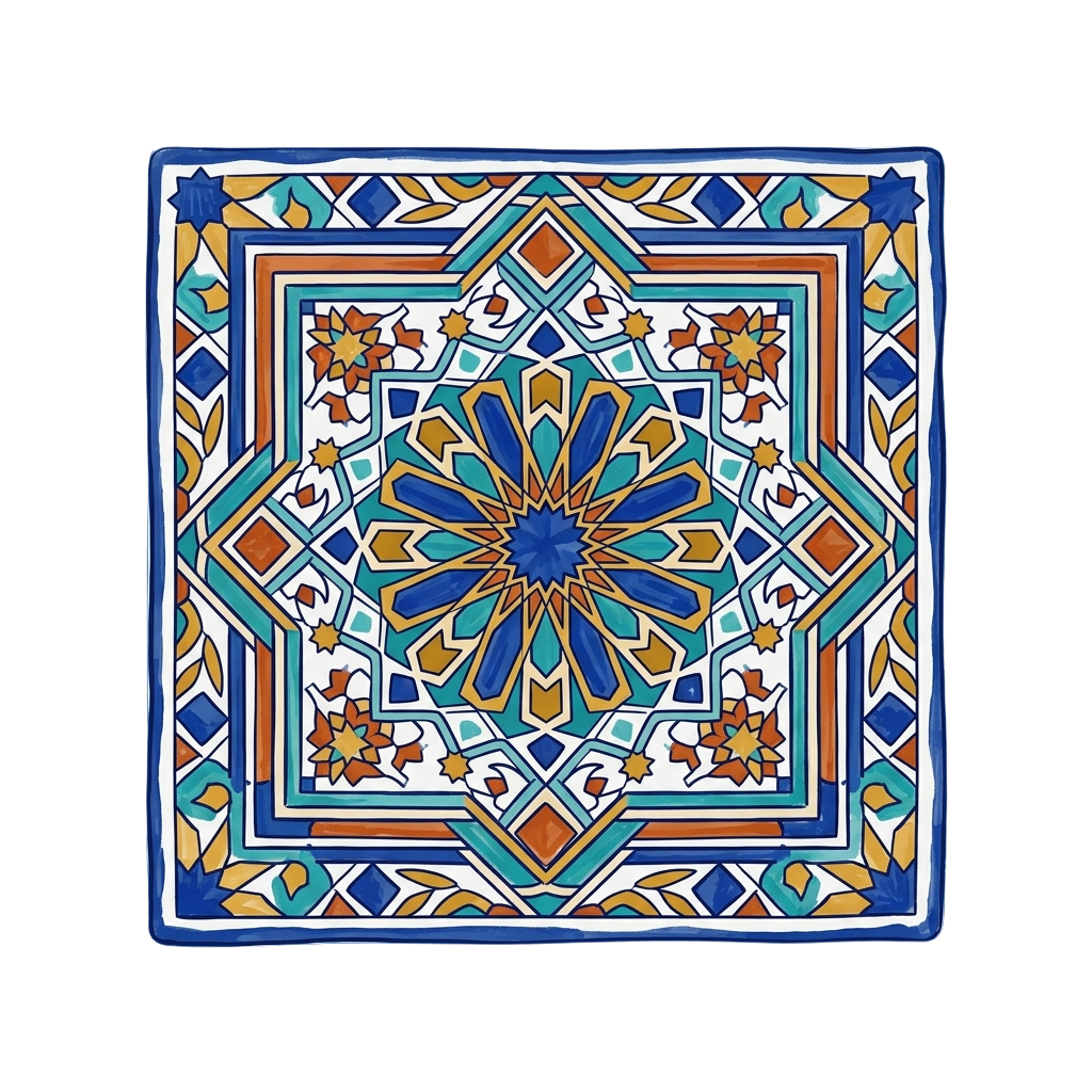 Colorful ceramic tile featuring a detailed geometric star and floral pattern with blue, orange, and teal hues