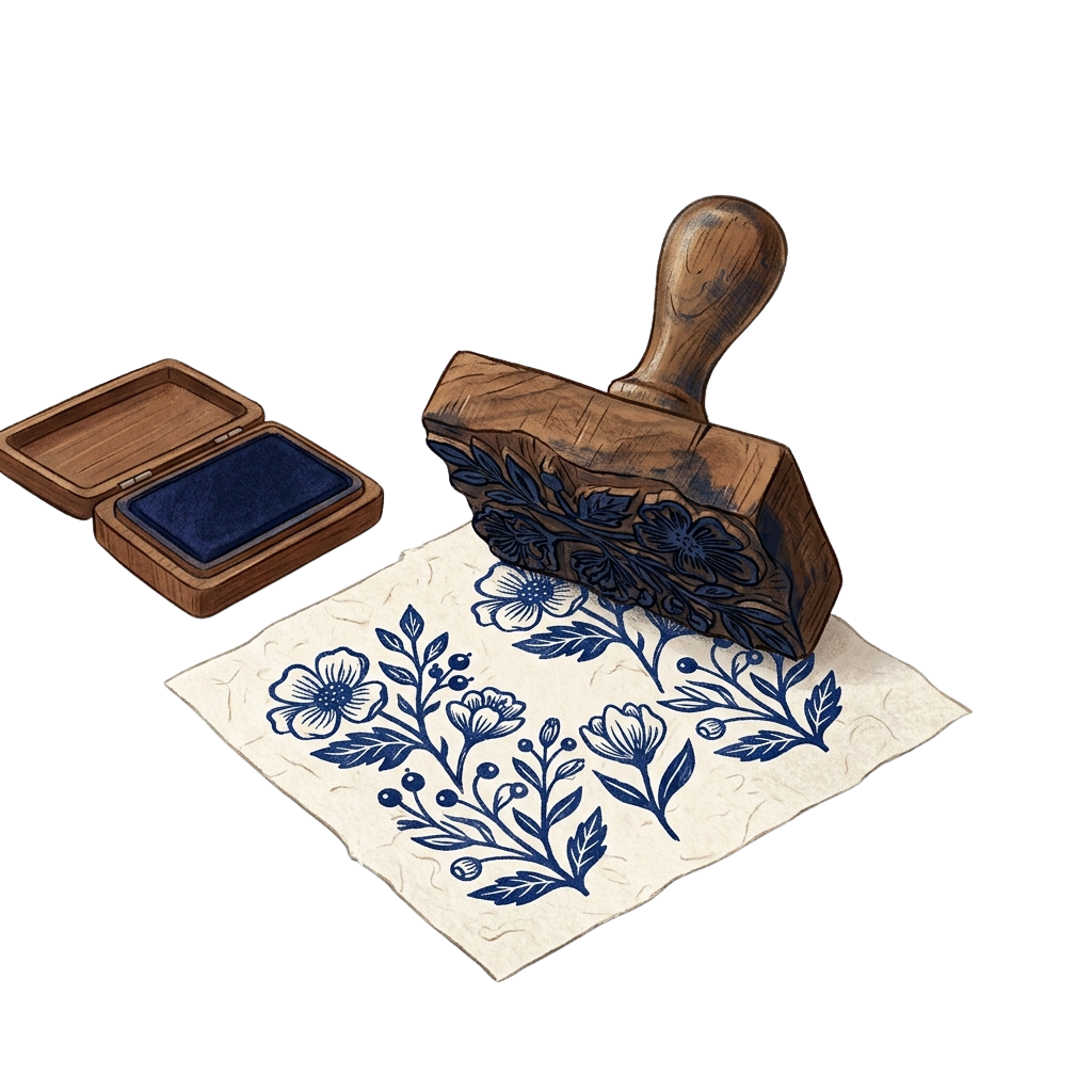 Wooden stamp with floral design, ink pad, and stamped fabric sample on dark background
