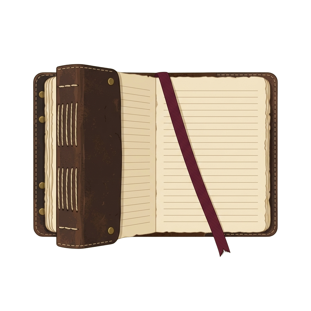 Open vintage leather journal with lined pages and a maroon ribbon bookmark
