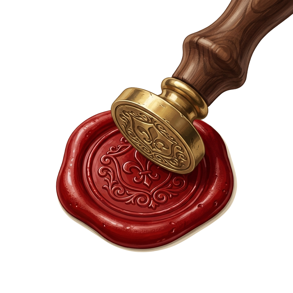A gold seal stamp pressing into a red wax surface with intricate designs.