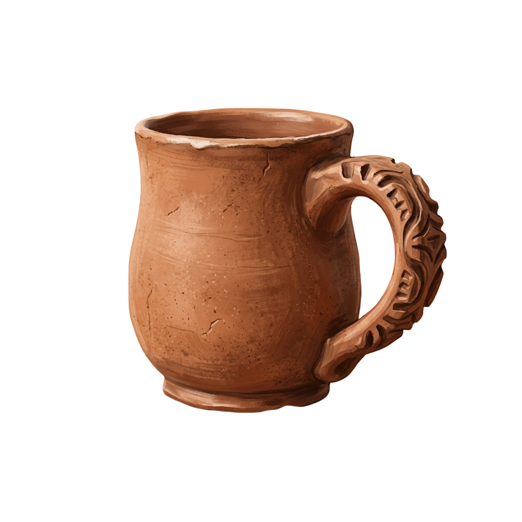 Terracotta mug with a detailed, textured handle and slight surface cracks