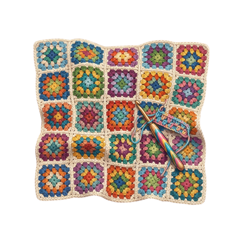 Crocheted granny square blanket in vibrant colors with a crochet hook attached to one corner