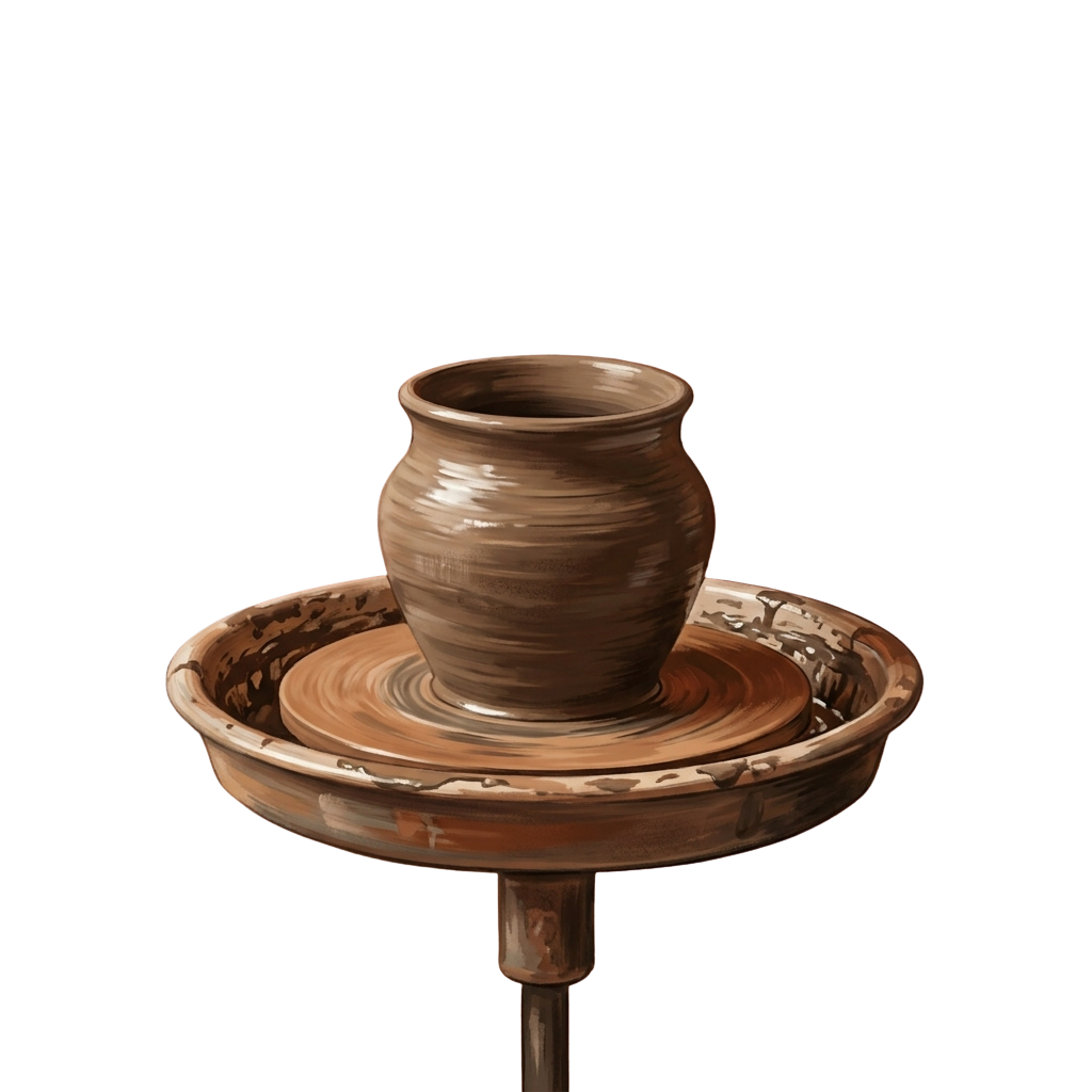 A clay pot centered on a pottery turntable with a wooden base and decorative rim