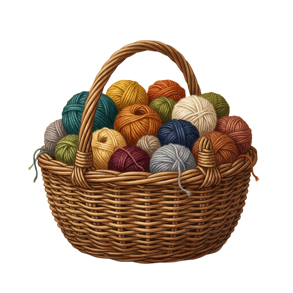 A woven basket filled with various colored yarn balls ready for knitting or crochet