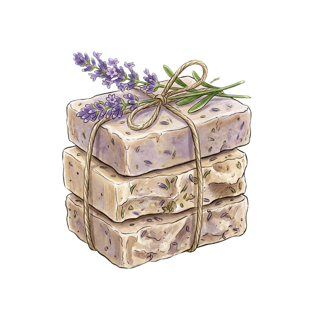 Three rectangular lavender soap bars tied together with twine and a sprig of lavender flowers