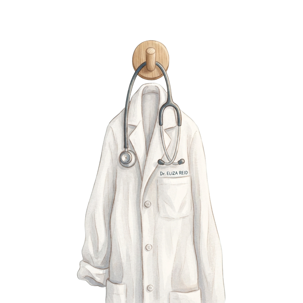 Illustration of a white lab coat hanging on a hook with a stethoscope draped over it