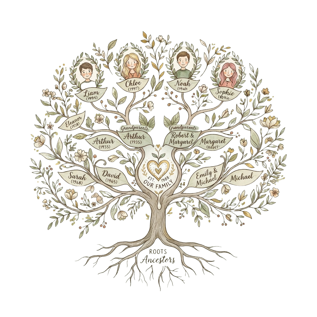 Illustration of a family tree with multiple generations and names, featuring roots, branches, and leaves.