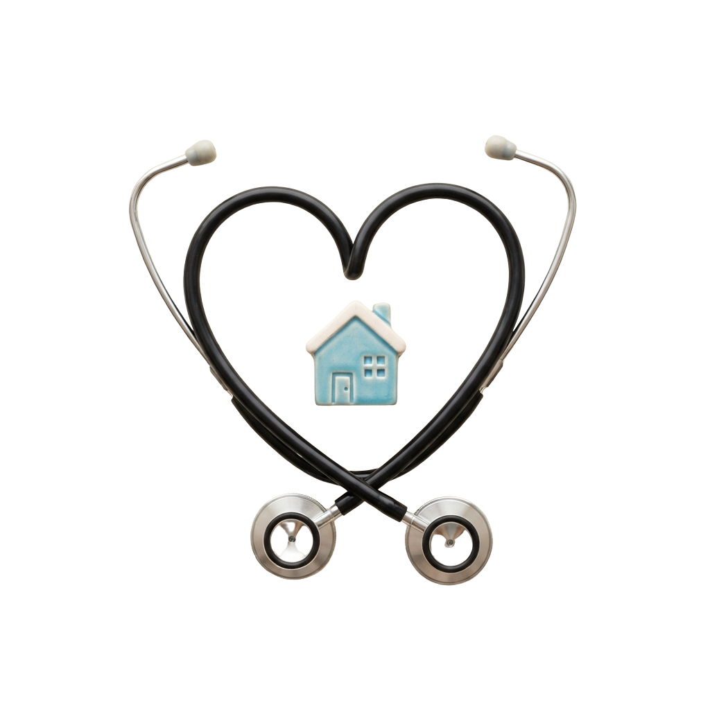 A stethoscope shaped like a heart with a small house icon in the center