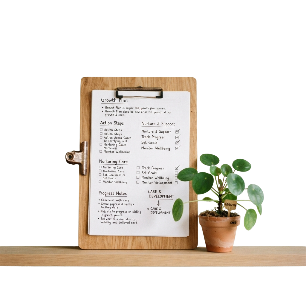 Clipboard with a growth plan checklist next to a small potted plant on a wooden surface
