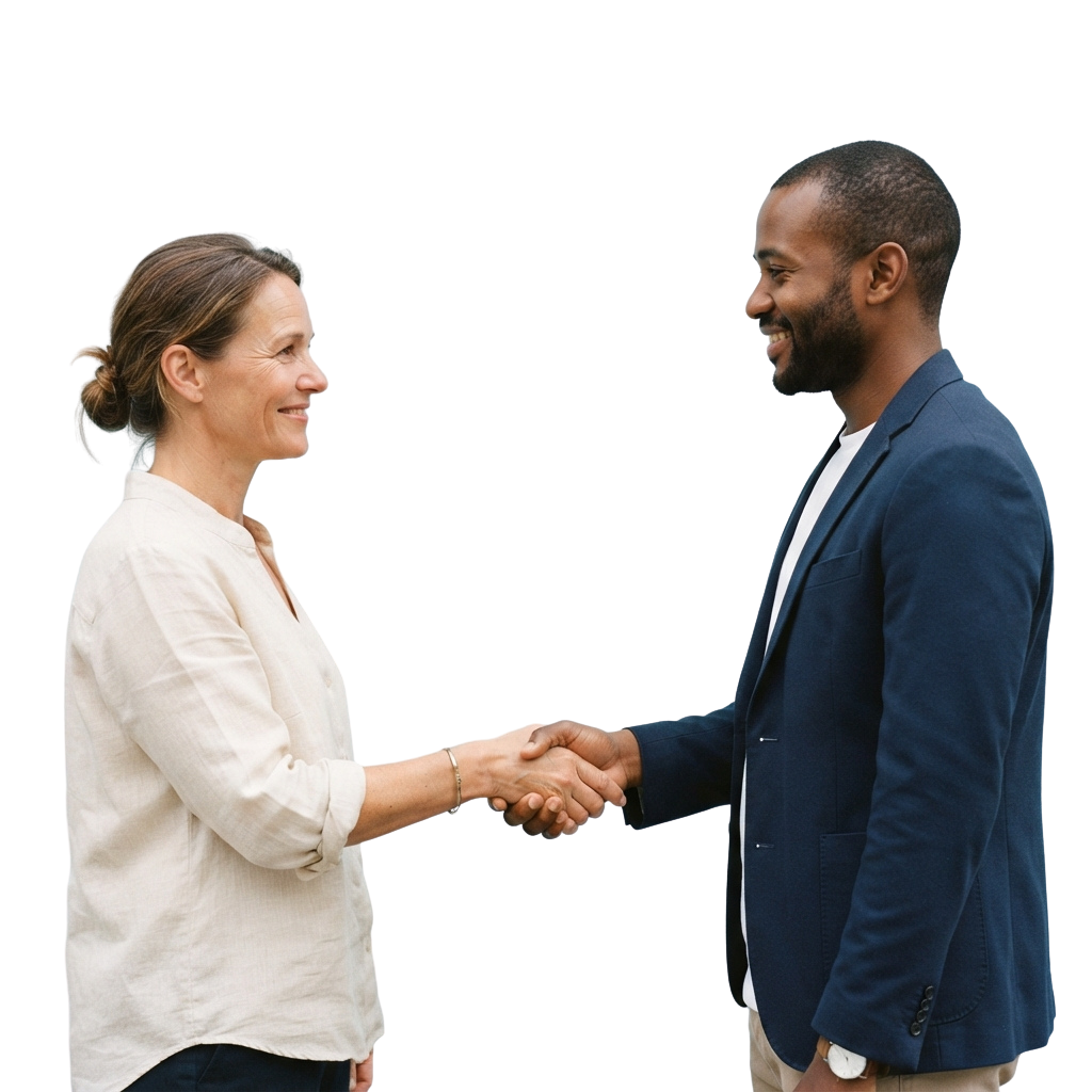 Two people shaking hands in a friendly business meeting