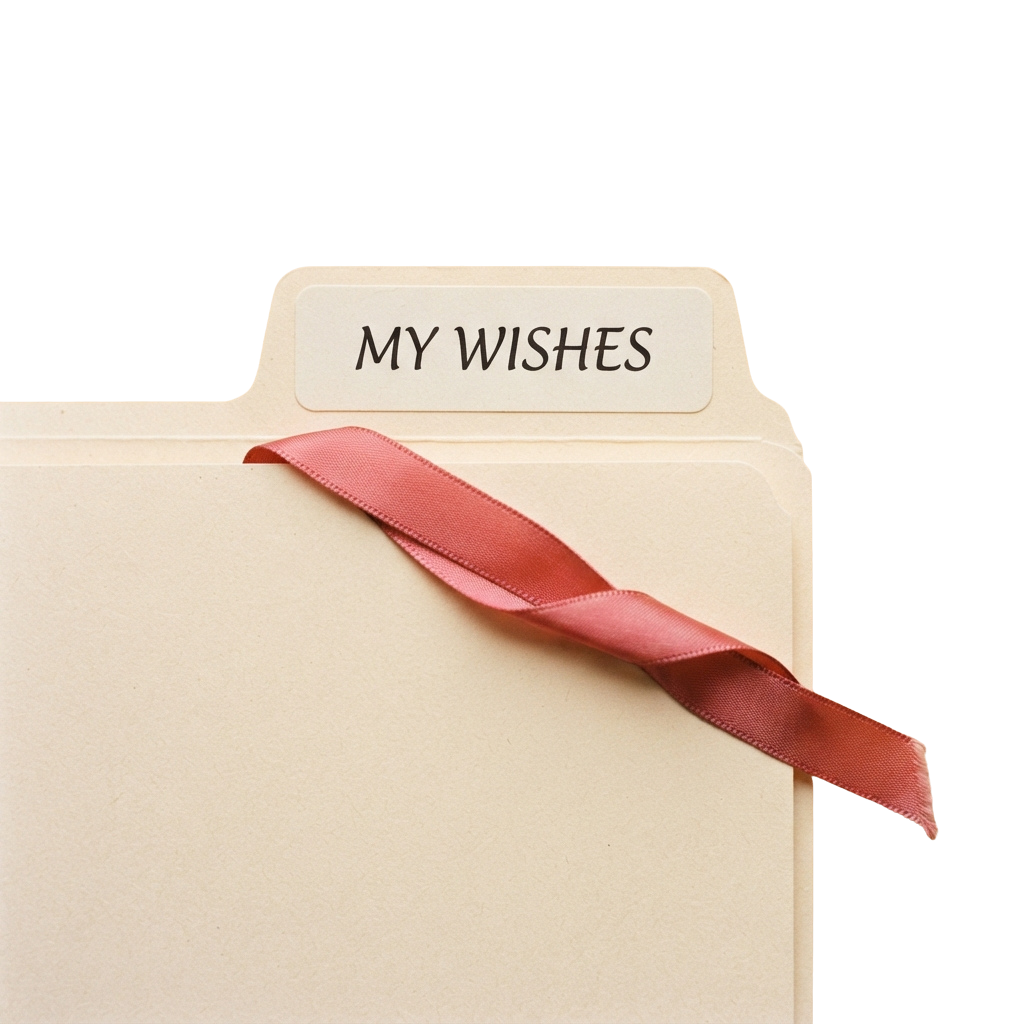 A cream-colored file folder labeled My Wishes with a pink ribbon tied around it