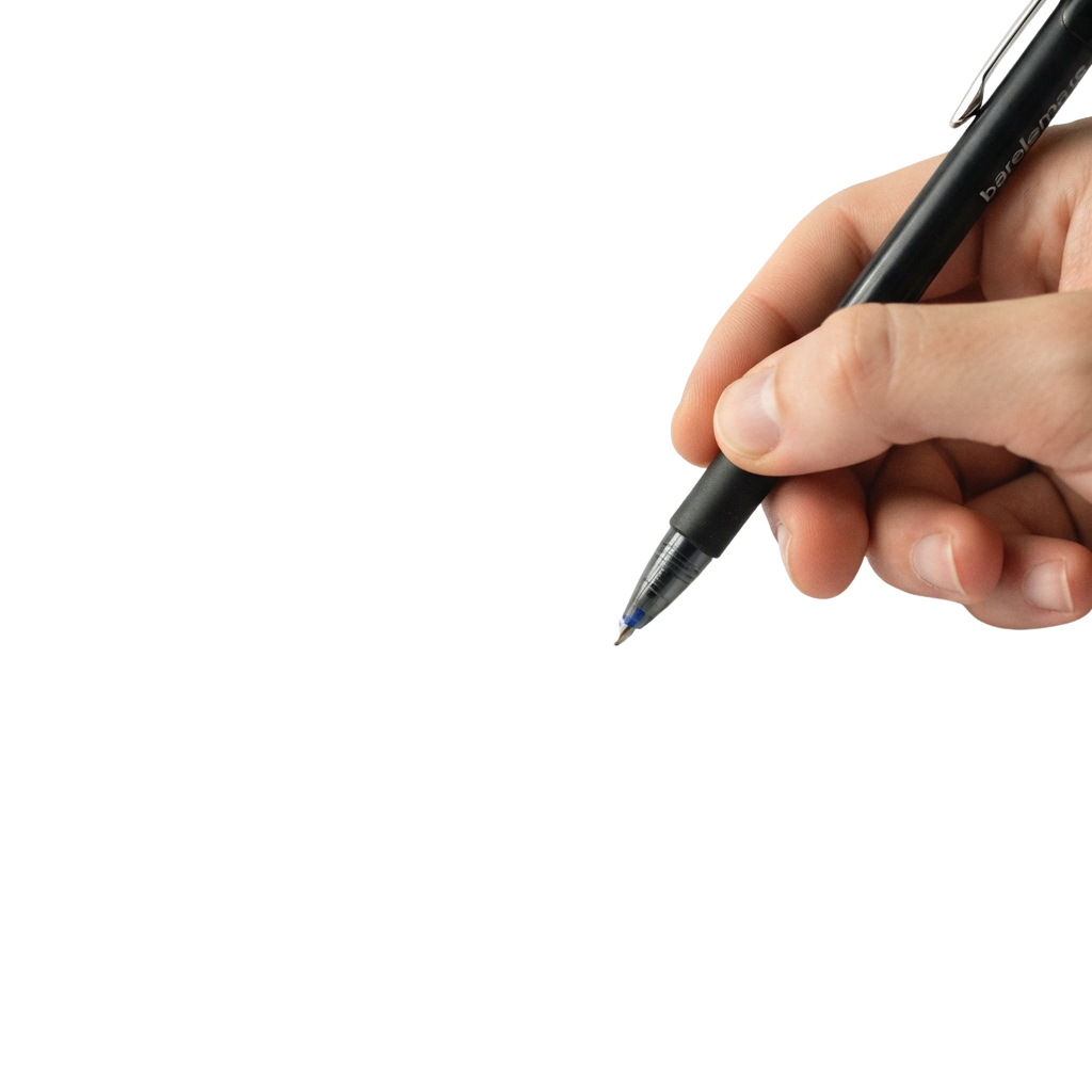 A hand holding a black pen with a blue tip writing on a dark surface