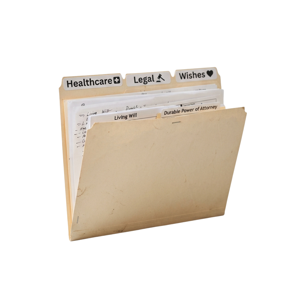 Three file folders labeled Healthcare, Legal, and Wishes with documents visible inside