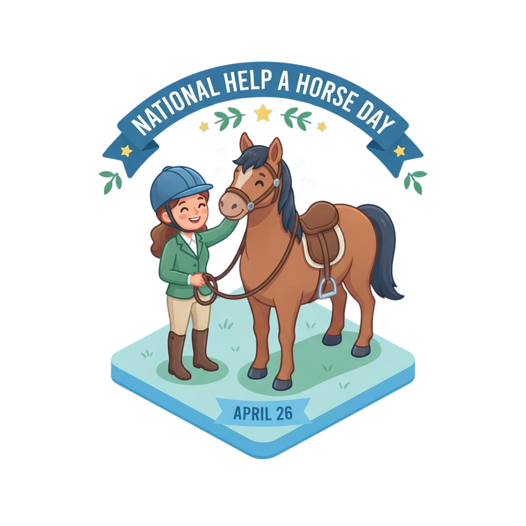 Illustration of a person petting a horse with a banner reading National Help a Horse Day and date April 26