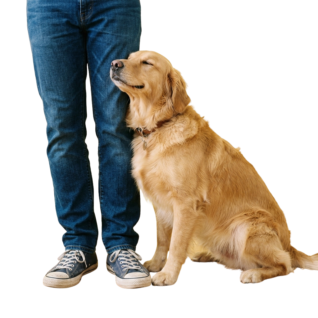 Golden colored dog sitting beside a person wearing jeans and sneakers