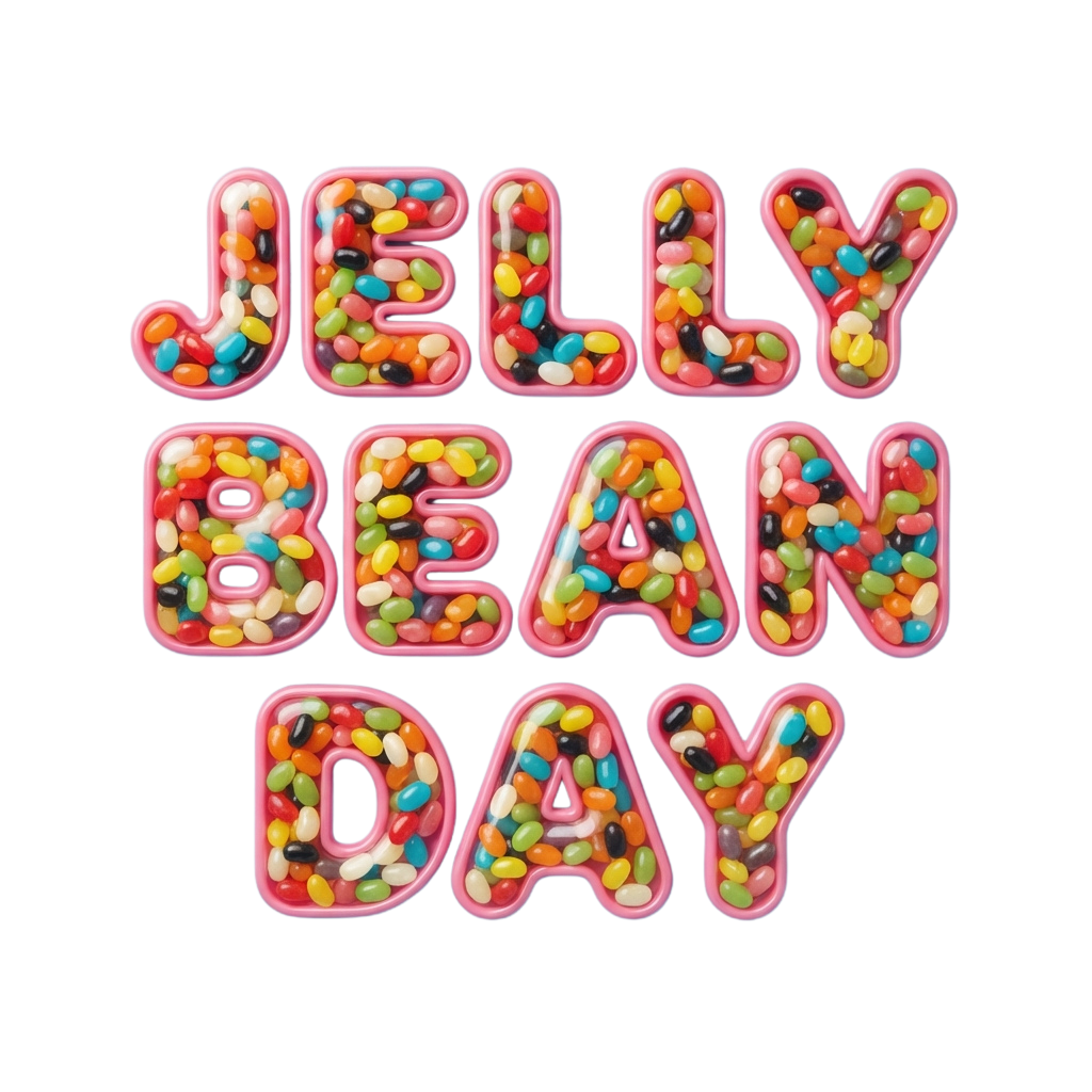 Colorful jelly beans forming letters spelling JELLY BEAN DAY in a playful font