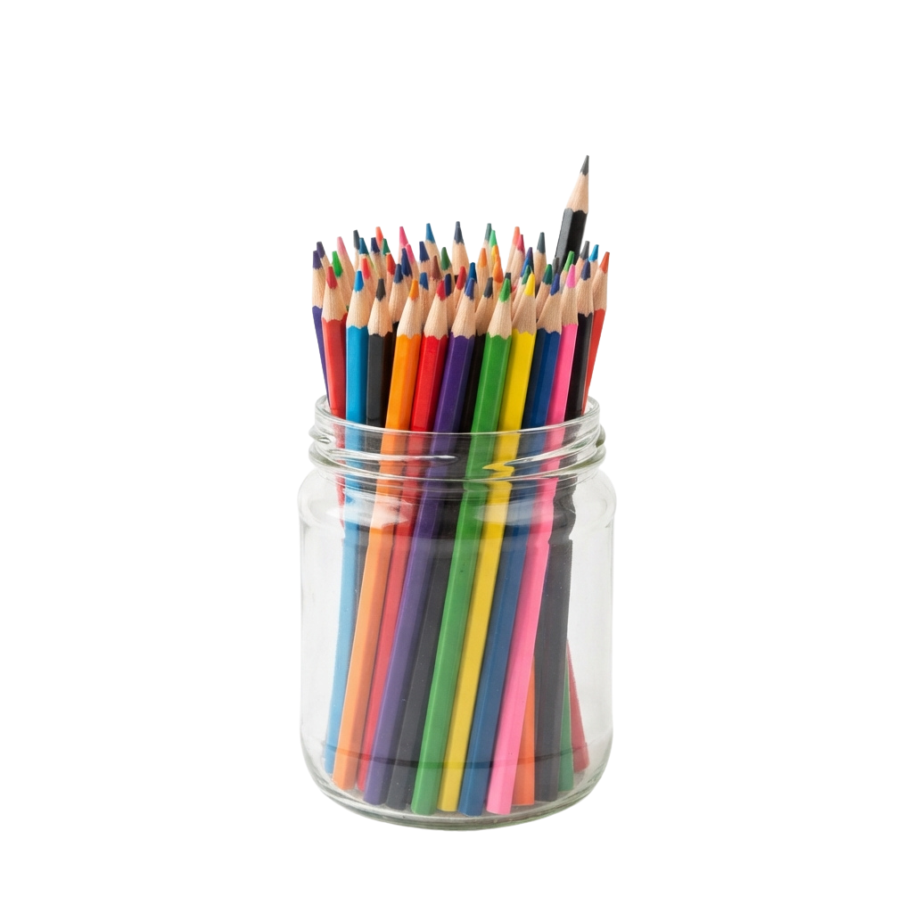 A clear glass jar filled with an assortment of sharpened colored pencils in various hues