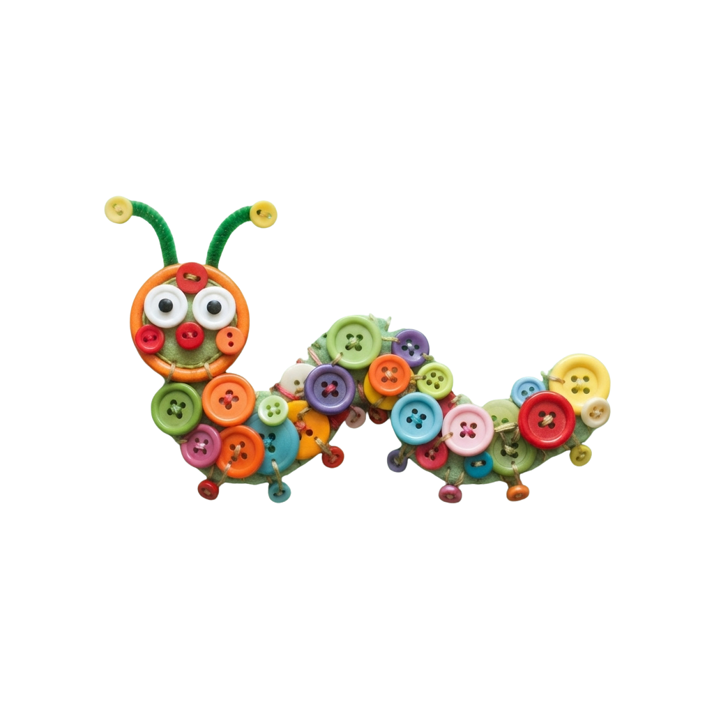 A cheerful caterpillar made from colorful buttons and pipe cleaners on a black background