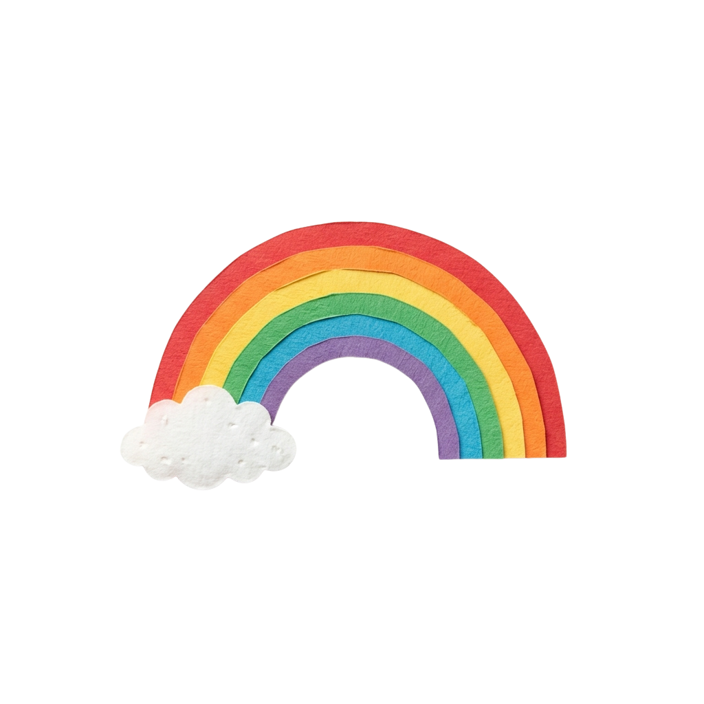 A bright rainbow arching over a white fluffy cloud against a black background