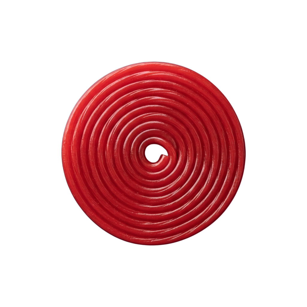 Close-up of a red circular object with a spiral groove pattern
