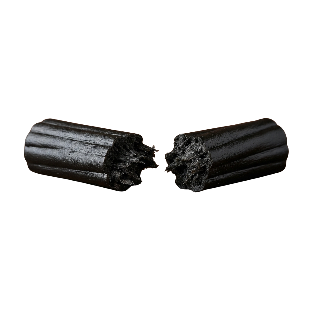 Two broken pieces of a black charcoal stick against a dark background