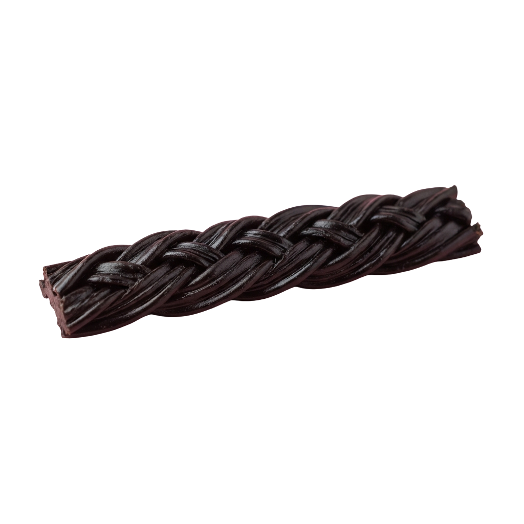 A braided chocolate bar with a dark, glossy finish laid on a black background