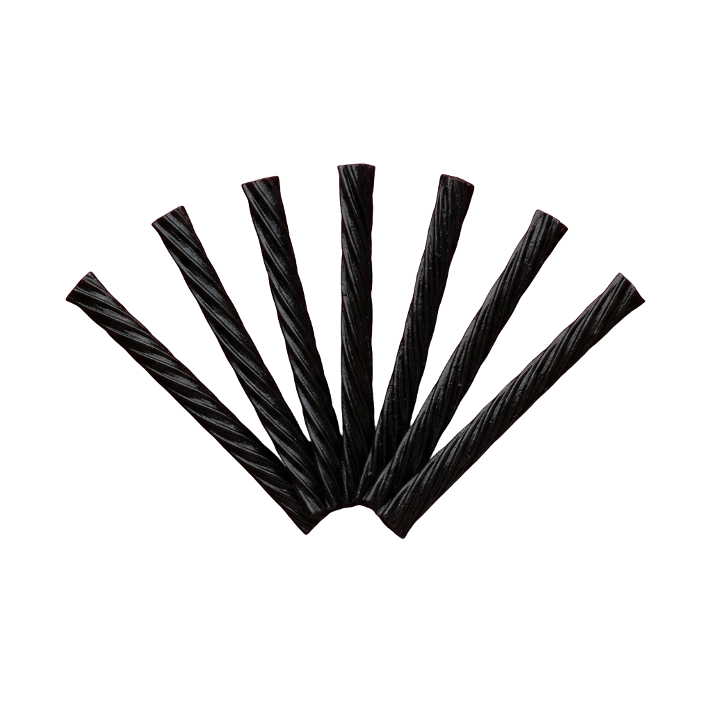 Seven candy canes fanned out in a semi-circle against a dark background
