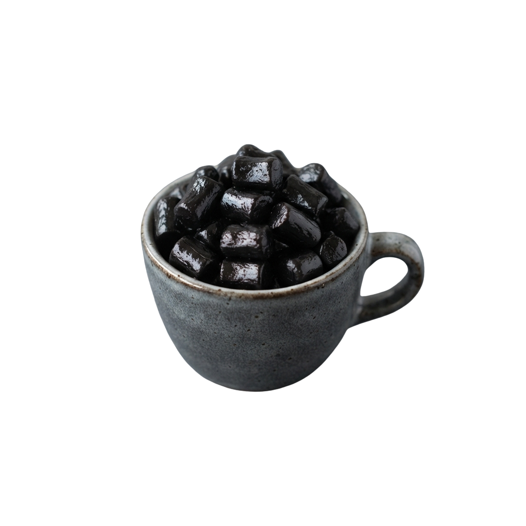 A ceramic mug containing irregularly shaped black sugar cubes