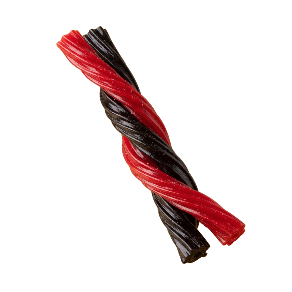 Twisted licorice candy with alternating red and black colors