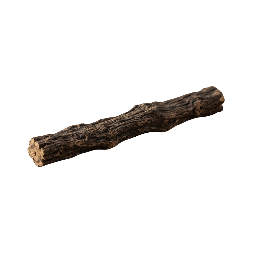 A twisted, dried piece of wood with a rough, knotted texture.