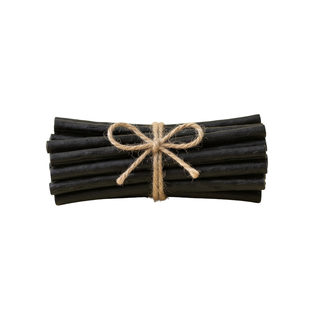 Three black fabric rolls tied together with a natural jute ribbon bow