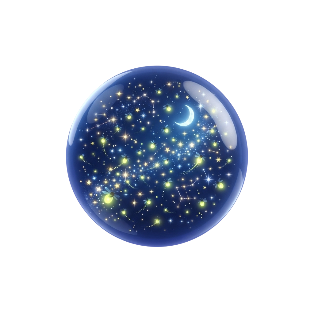 A glowing blue crystal ball displaying a starry night sky with a crescent moon and constellations inside