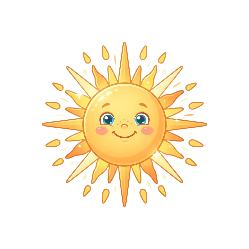 A smiling cartoon sun with rays radiating outward, depicted in a bright yellow color against a black background