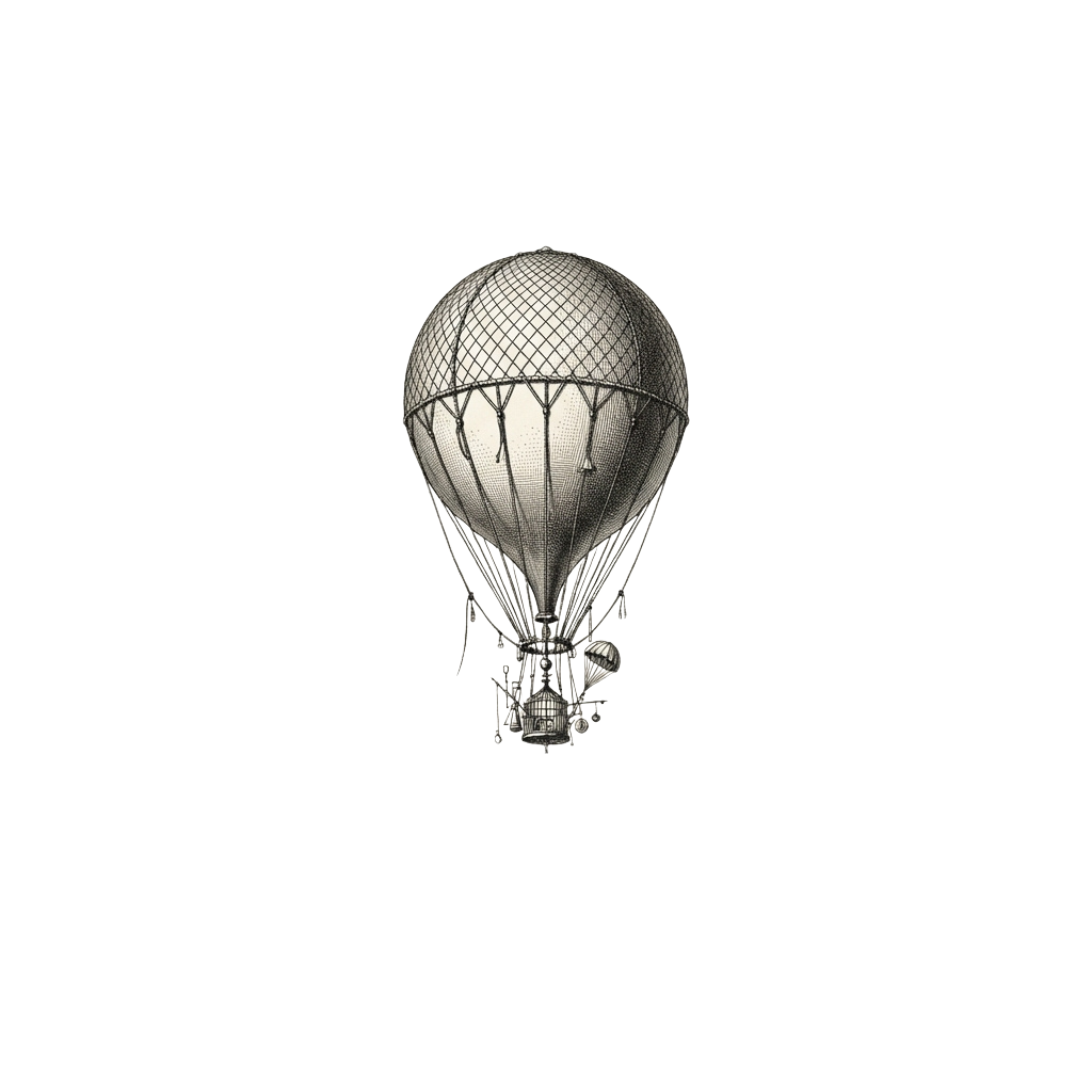 Black and white illustration of a hot air balloon with basket and intricate envelope design