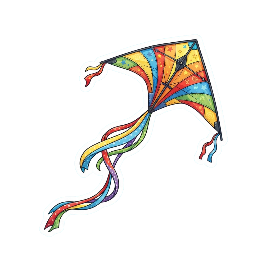 A stylized dragon kite with rainbow tail and vibrant geometric patterns flying against a black background