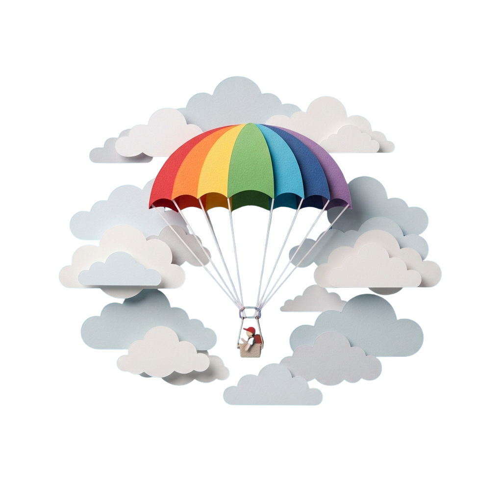 A person parachuting with a rainbow-colored parachute surrounded by white clouds